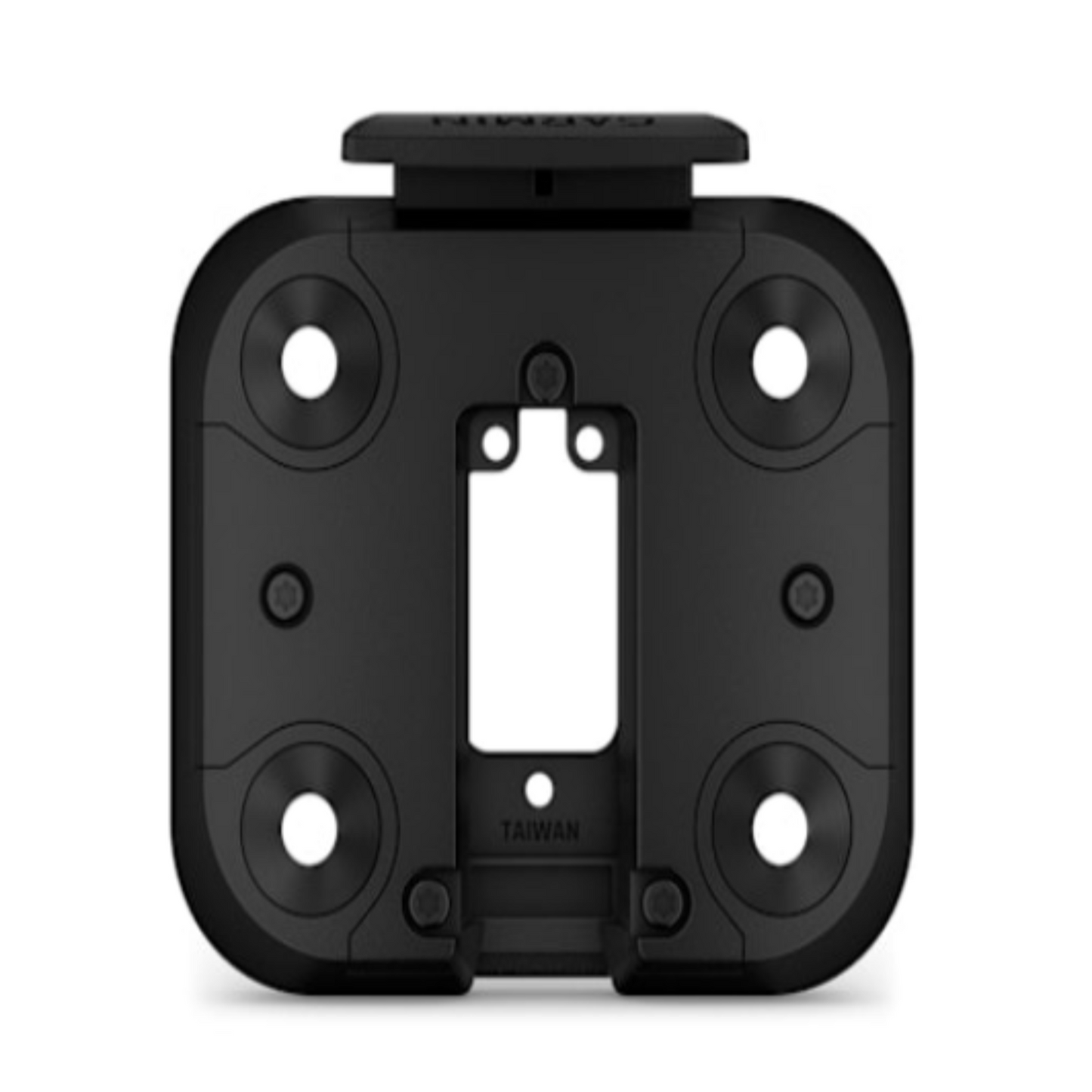 Black electronic device with a central cutout on a white background