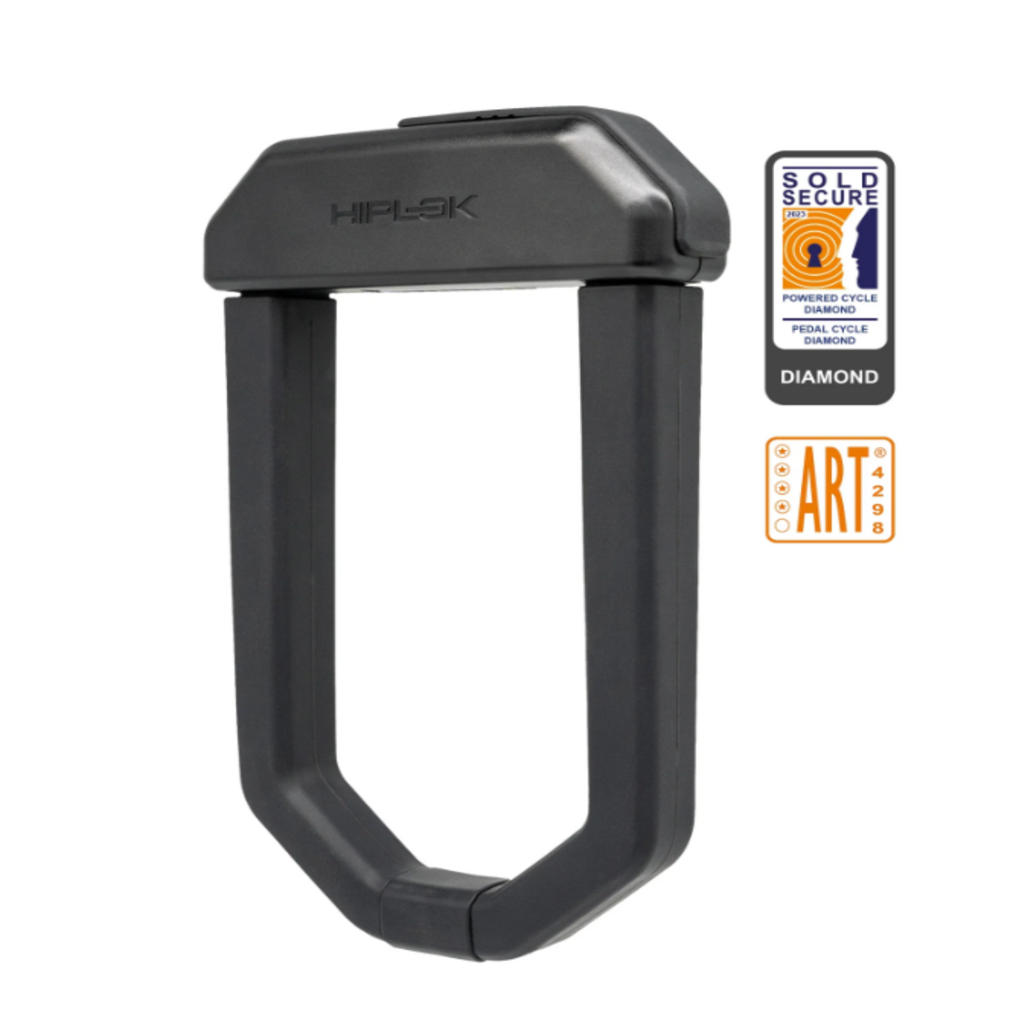 Black bike lock with certification logos on a white background