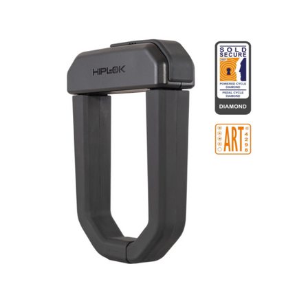 Black bike lock with HIPLOK branding on a white background