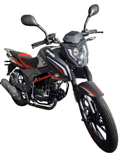 A black and red 100CC motorcycle with a single headlight, black mirrors, and a black frame, parked against a gray brick wall.